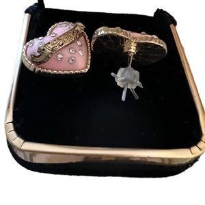 Heart Earrings Pink Enamel & Sparking Crystals "Love" Logo in Gold Post Back NIB